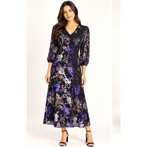 LC Lauren Conrad Women’s Floral V-Neck Dress Velvet-Texture Flowers Size M